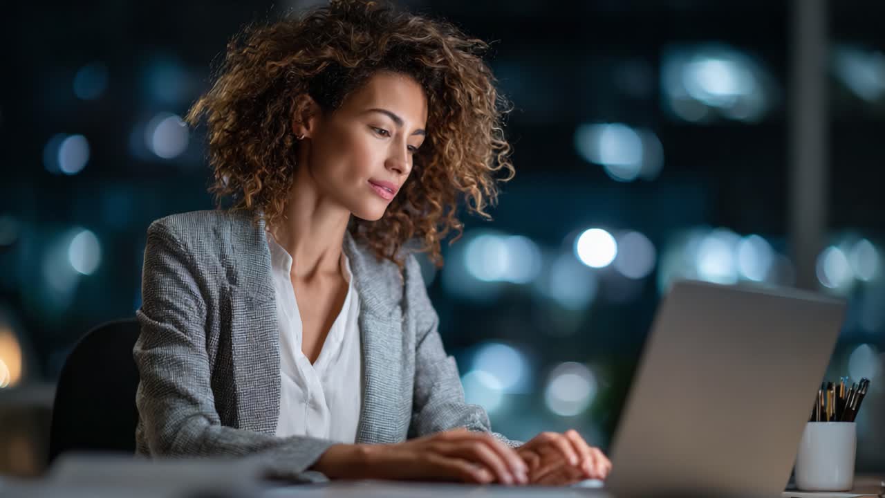 Focused Businesswoman Working Late at Night on Laptop, Immersed in Tasks, with a Modern Office Environment and Soft Ambient Lighting Surrounding Her