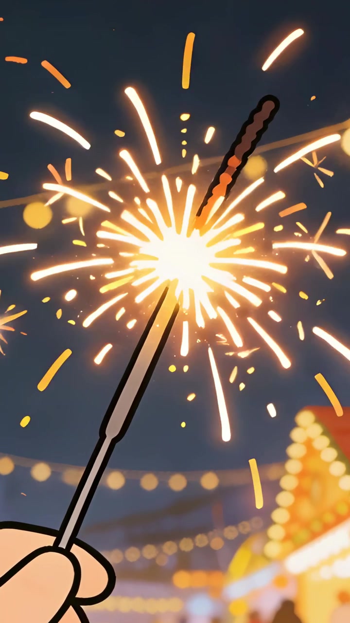 Video verticale: Bagliore luminoso che genera scintille, mano che tiene una stellina luminosa a un festival, luci delle bancarelle.