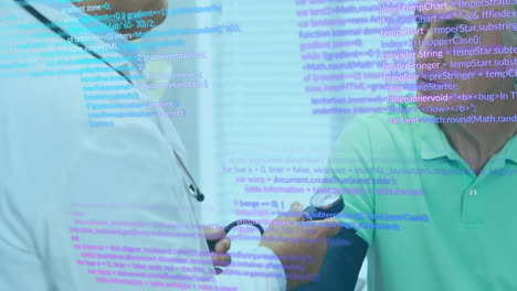 animación del procesamiento de datos sobre un médico caucásico con un paciente masculino.