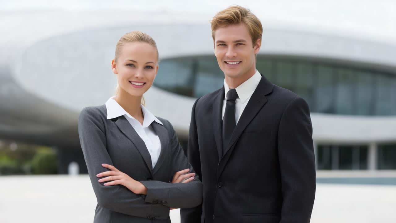 A Confident Business Couple Posing Together in Professional Attire Against a Modern Architectural Background, Exuding Success and Teamwork in a Dynamic Environment
