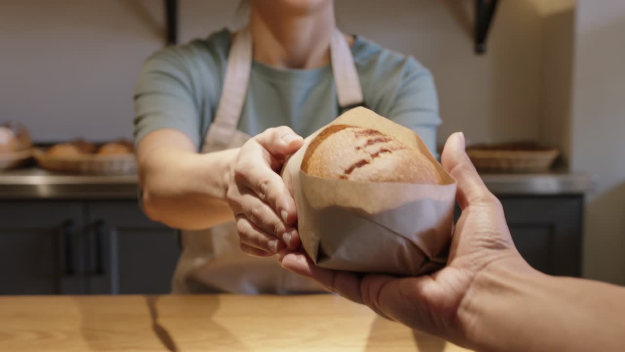 Presenting clerk in apron handing wrapped loaf at bakery counter as customer reaching, closing sale