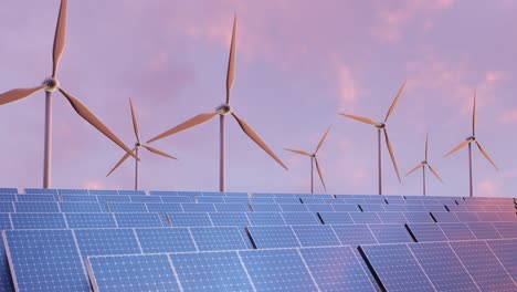 row of solar panels and wind turbines at sunset 3d rendering looping animation