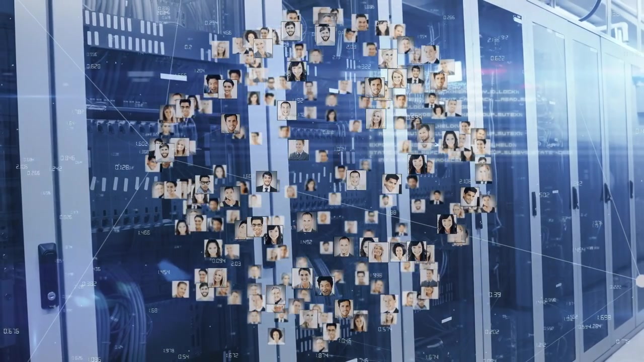 Animation of diverse people portraits and data processing over server room