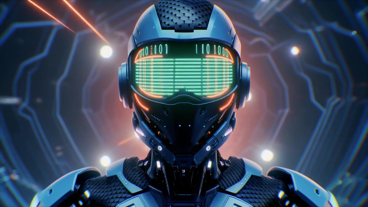 Robot androide futuristico con display di codice binario digitale
