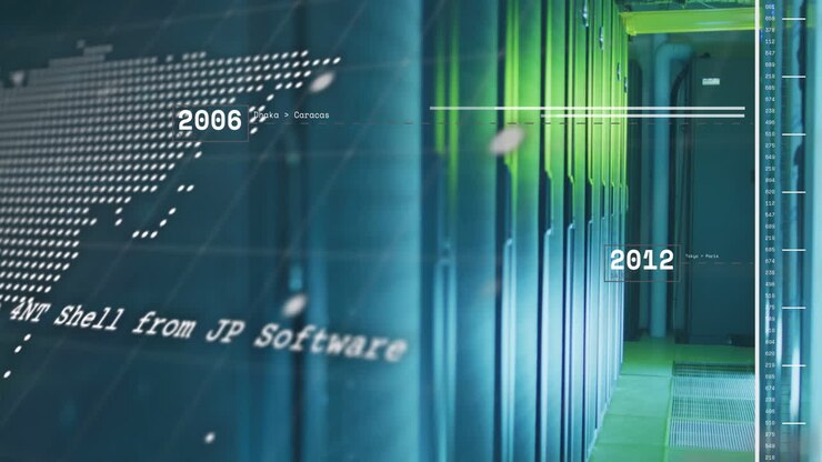 Animation of interface with world map and data processing against computer server room