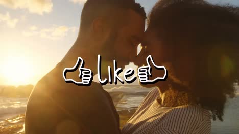 animation of like text over african american couple at beach