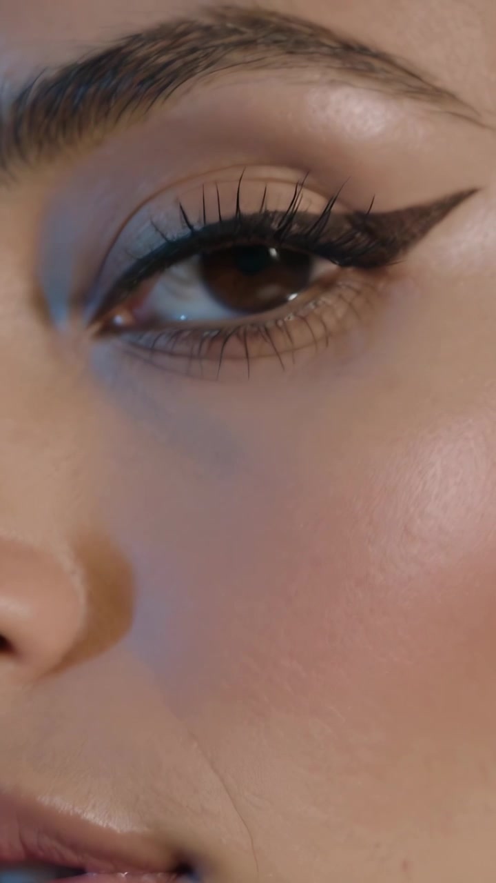 Vertical video: Blinking face holding as studio camera pulling, showing winged liner and blue rim