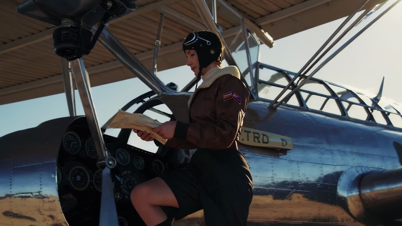 Vintage Woman Pilot at Airplane