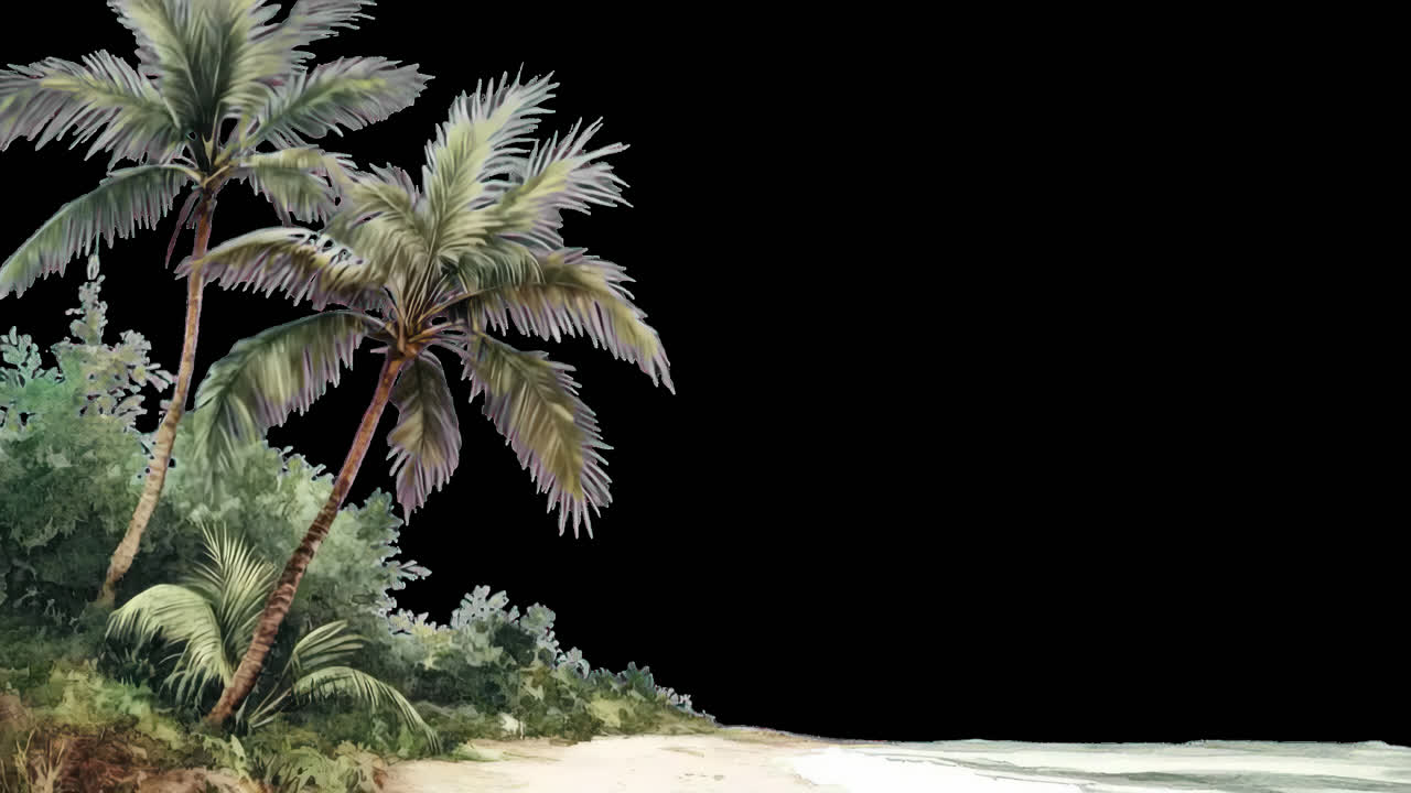 Tropical beach watercolor art animation isolated asset, transparent 4K video, alpha channel, ProRes