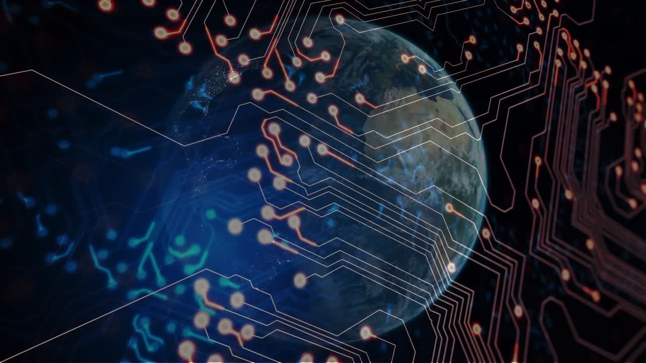 Overlaying Earth, animation of circuit patterns illustrating global digital connectivity
