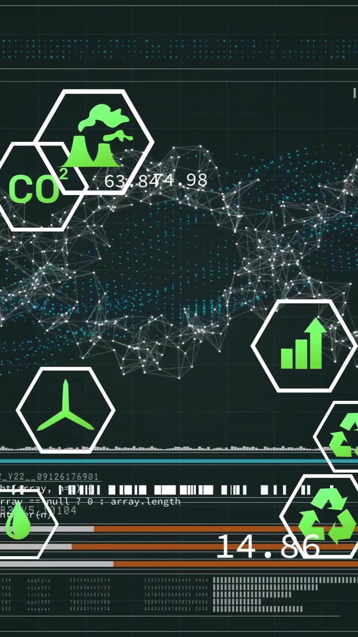 Animation of digital interface with sustainability icons and environmental data in network