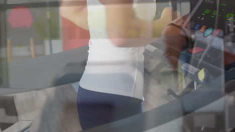 woman running on treadmill in home gym, with animated fitness metrics floating above console