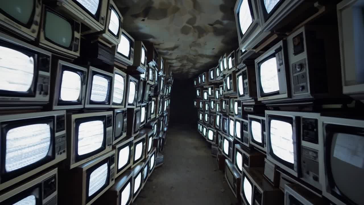 Corridor filled with vintage televisions, creating a mesmerizing tunnel effect, showcasing the gradual transition of light and shadow in a unique retro environment