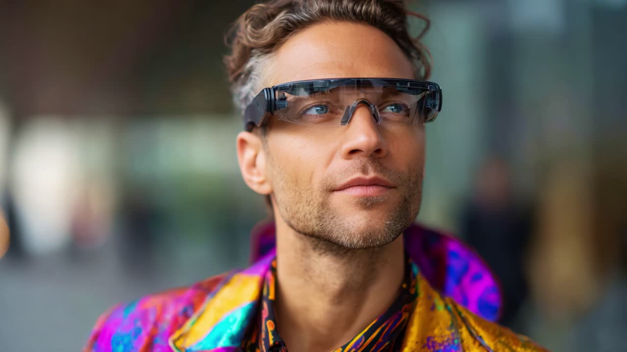 Una persona con estilo que muestra unas innovadoras gafas con un atuendo moderno y vibrante, con un fondo urbano moderno, que enfatiza la tecnología y la expresión personal.