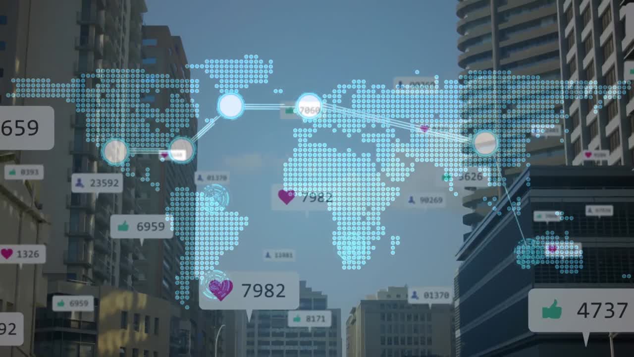 도시 풍경에 변화하는 소셜 미디어 아이콘과 숫자와의 연결 네트워크의 애니메이션