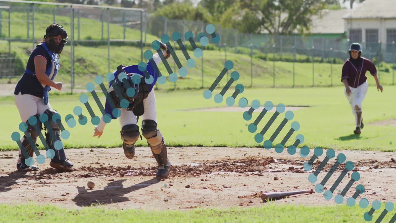 catcher bending, grabbing ball on field showing animated lines, data overlays for sports education