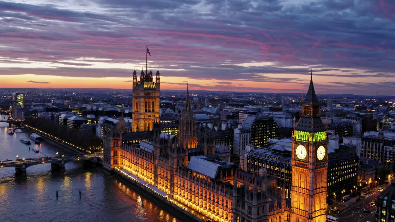 Aerial view video of London's iconic skyline at sunset, featuring illuminated landmarks