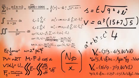 Animation-Mathematischer-Gleichungen-Und-Formeln,-Die-Vor-Einem-Orangefarbenen-Hintergrund-Mit-Farbverlauf-Schweben