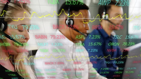 animación del procesamiento de datos financieros sobre personas de negocios que usan auriculares telefónicos