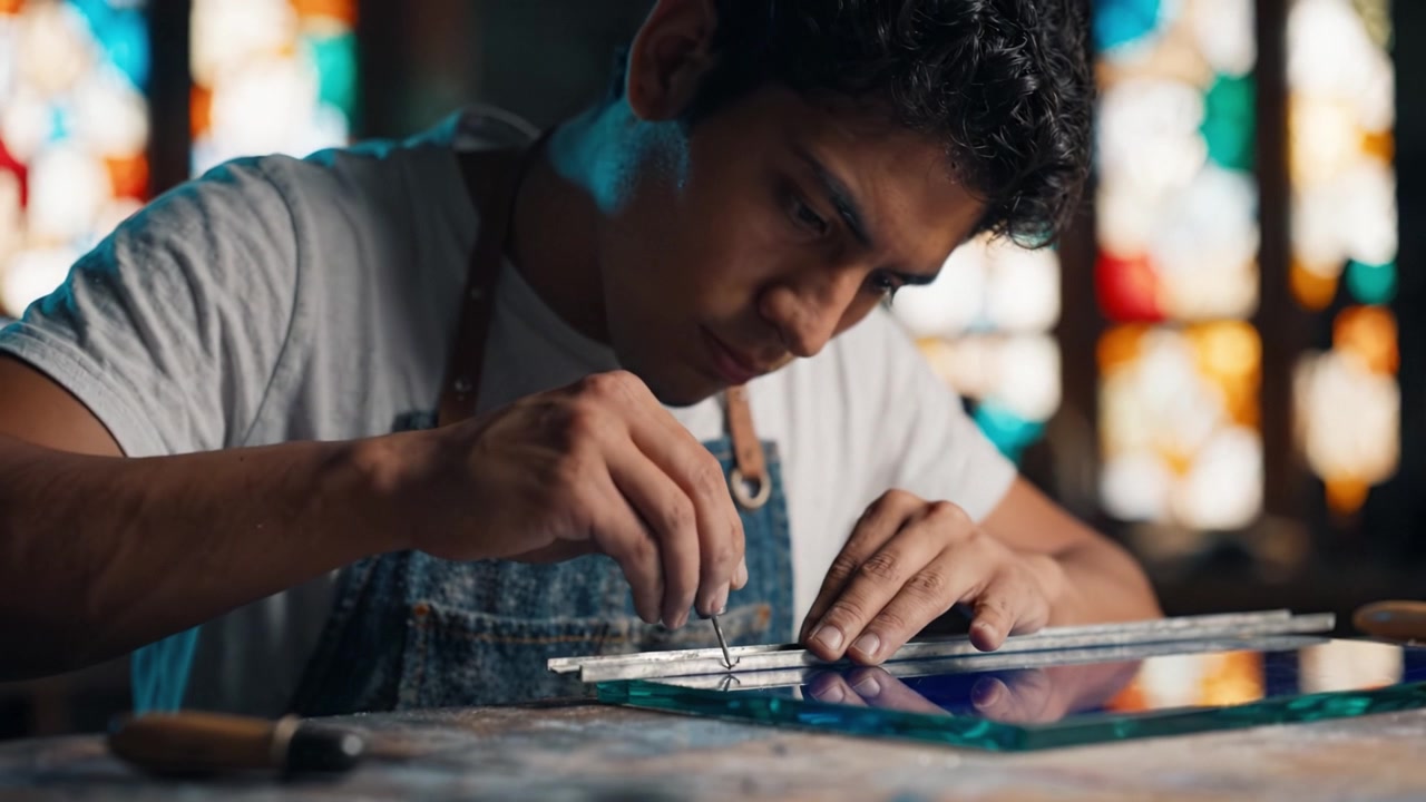 A skilled artisan meticulously crafting a stained glass masterpiece, showcasing intricate techniques while surrounded by vibrant, colorful glass patterns.