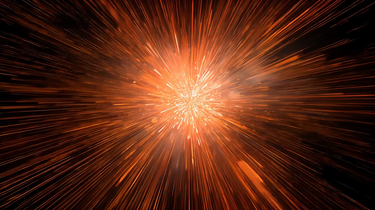 Appearing cluster at center intensifying orange burst in black void, glowing core and sparks