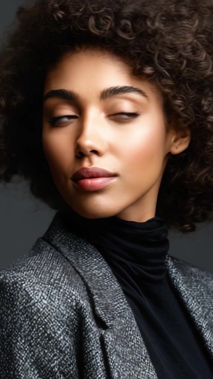Close-up Portrait of a Young Woman with Curly Hair Wearing a Stylish Blazer, Showcasing Natural Beauty and Poised Expression
