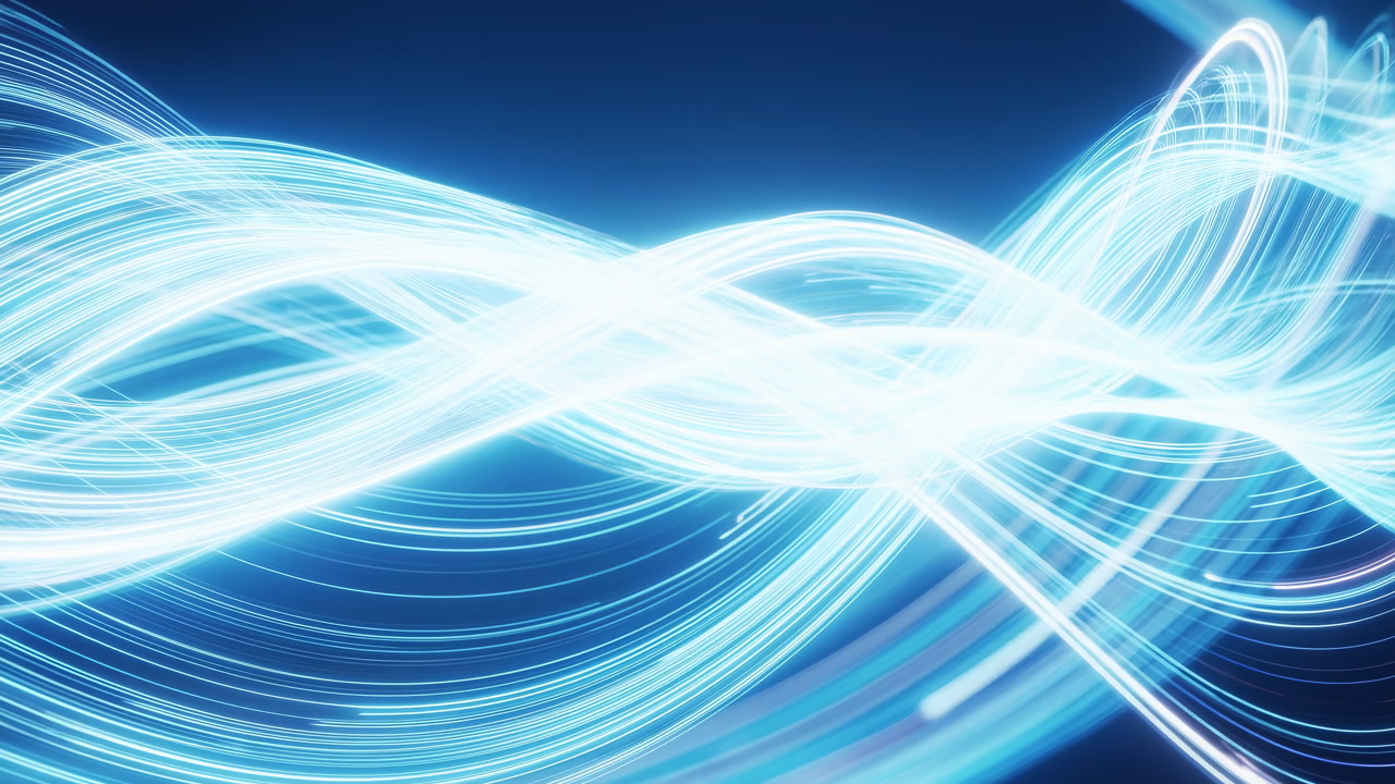 Bright Cyan Light Ribbons Twisting In Motion, Fiberlike Streams Cross With Radiant Glow, Evokes High Speed