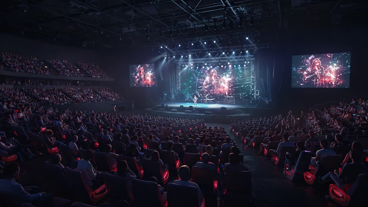 A Captivating Concert Experience: An Engaging Performance in an Arena Filled with Enthusiastic Fans, Showcasing a Stunning Light Show and Enchanting Atmosphere