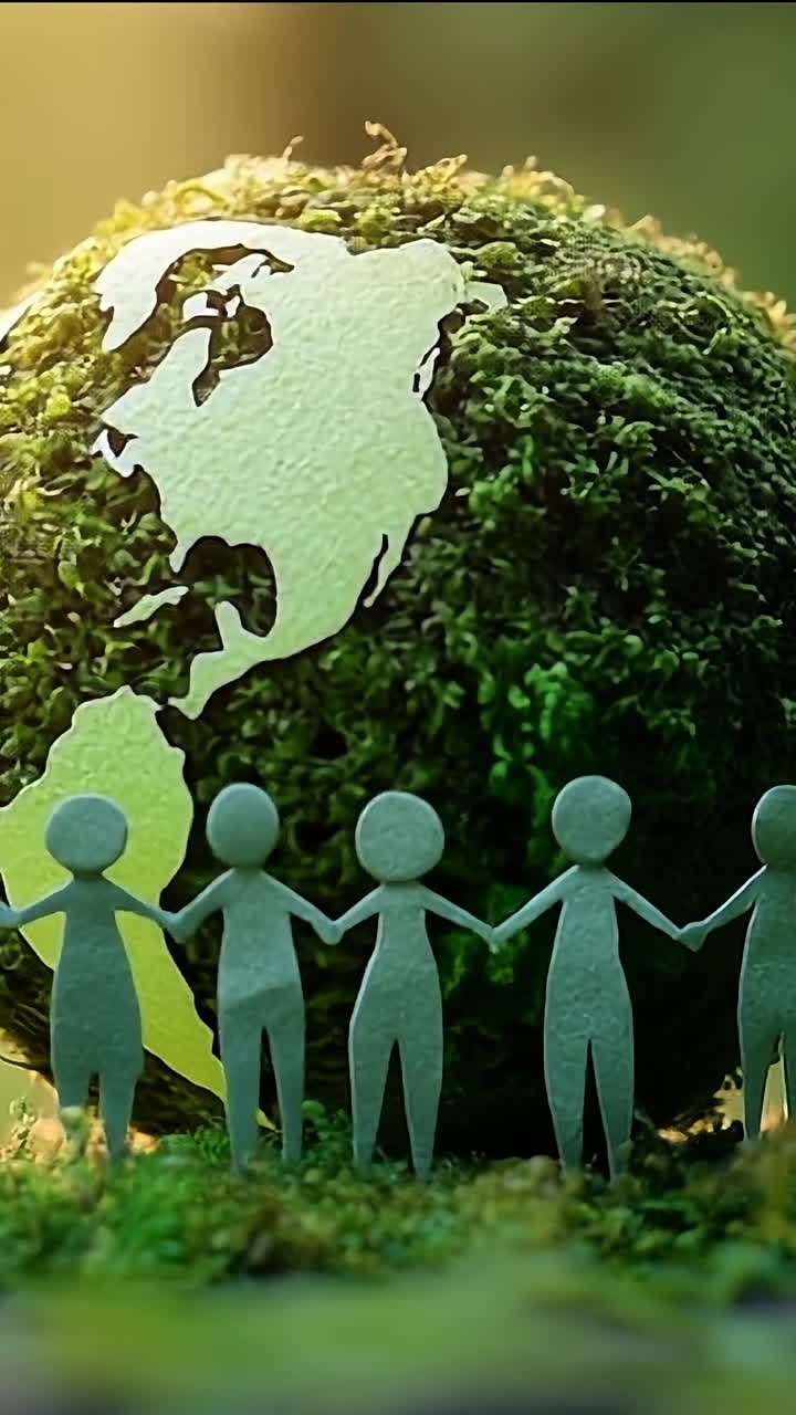 People unite around a green Earth model. A group of paper figures hold hands around a moss-covered globe, symbolizing unity and environmental care in nature.