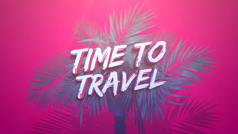 time to travel with tropical palms on red gradient