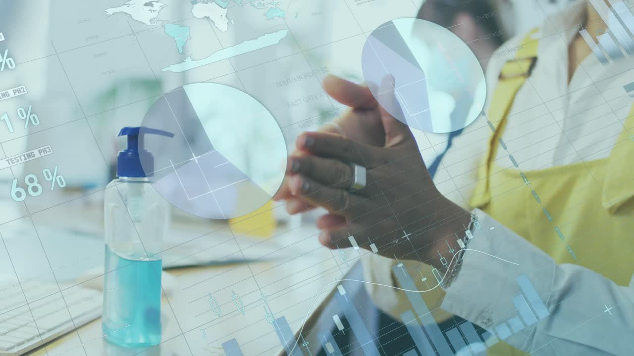Animation of financial data processing over businesswoman disinfecting hands