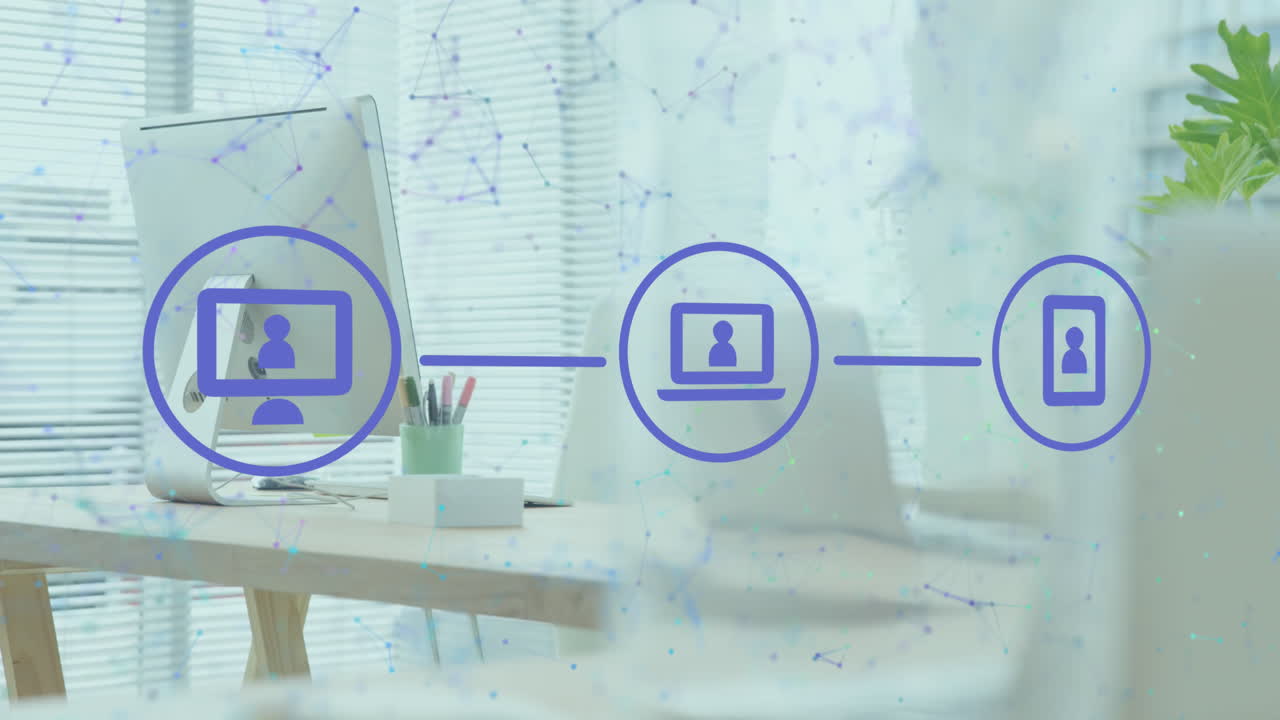 사무실 책상 위의 컴퓨터와 안경에 대한 연결 네트워크와 디지털 아이콘의 애니메이션