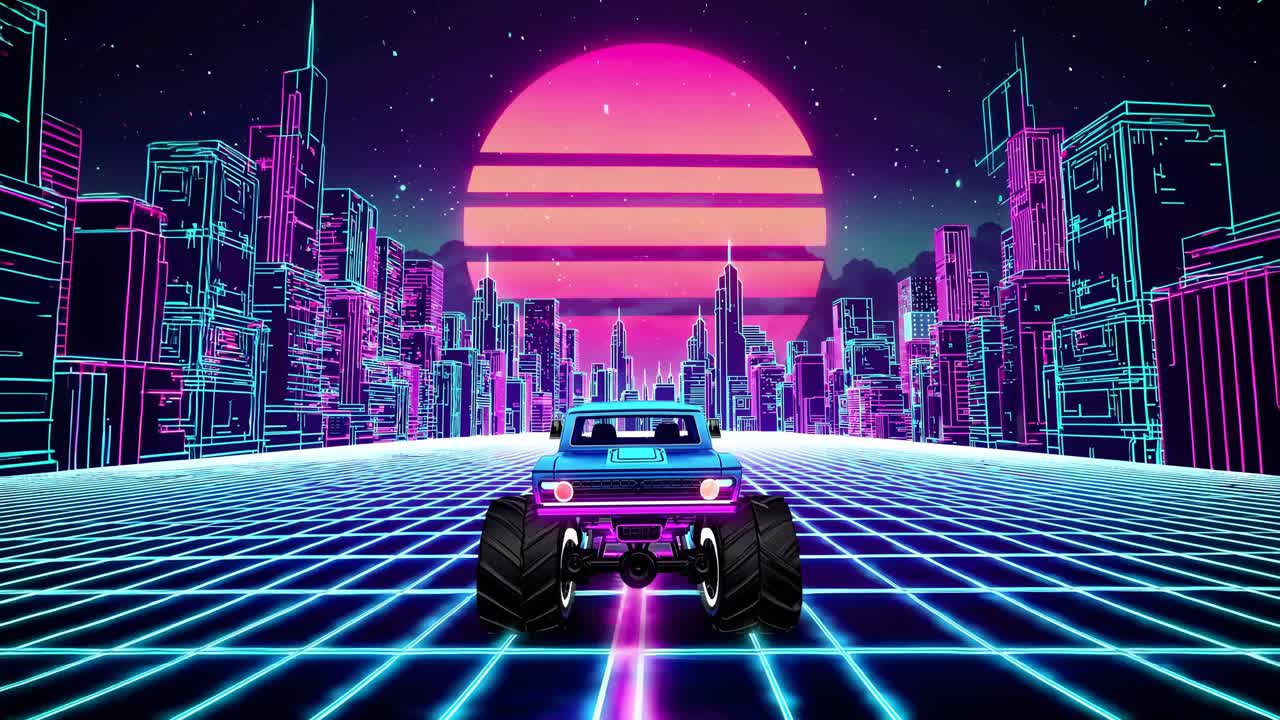 Retro-futuristic cityscape with neon lights, viewed from a low angle behind a car