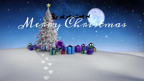 Animation-of-christmas-greetings-text-and-snow-falling-over-christmas-tree,-santa-claus