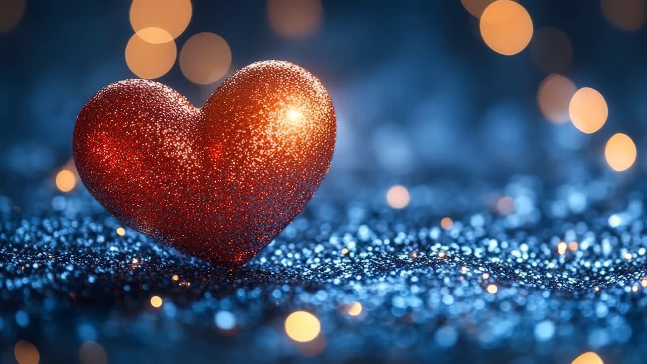 Blue heart decoration glows. A glittery red heart pops against blue tones and sparkly lights, adding to the festive vibe.