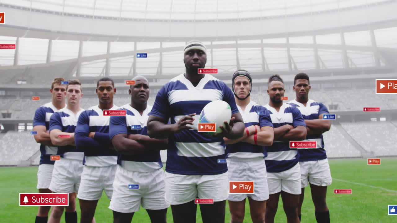 Standing on field, rugby team with animation of digital play and subscribe buttons