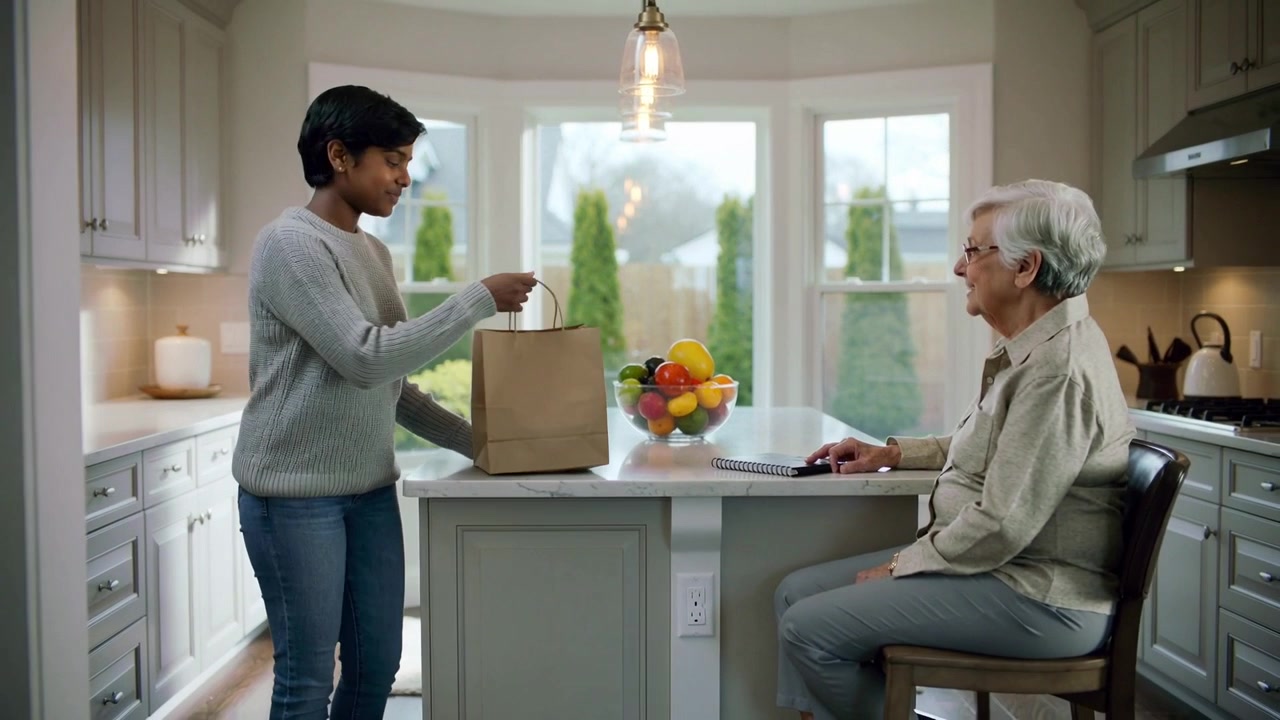 Femme indienne marchant, portant un sac marron, se dirigeant vers un îlot de cuisine, apportant de la nourriture à une personne âgée assise.