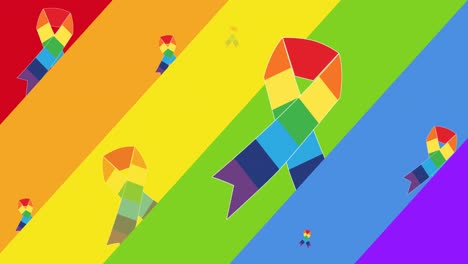 animation of rainbow ribbons over rainbow stripes