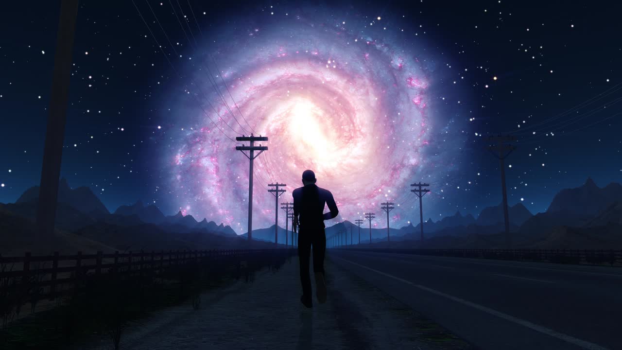 close-up de seguimiento de un hombre en un camino vacío corriendo hacia el horizonte bucle sin costuras