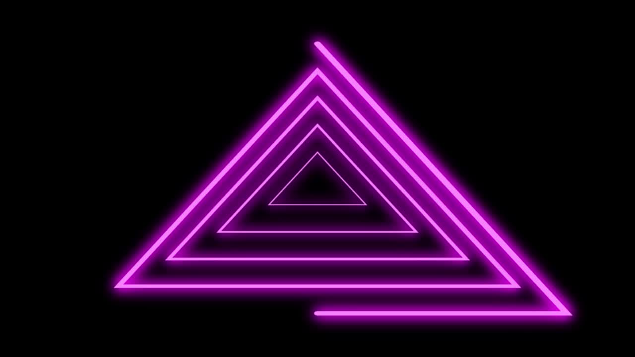 네온 선은 삼각형 모양으로 전체 루프 준비 회전으로 그려집니다. 검은색 배경에 보라색 색의 밝은 선