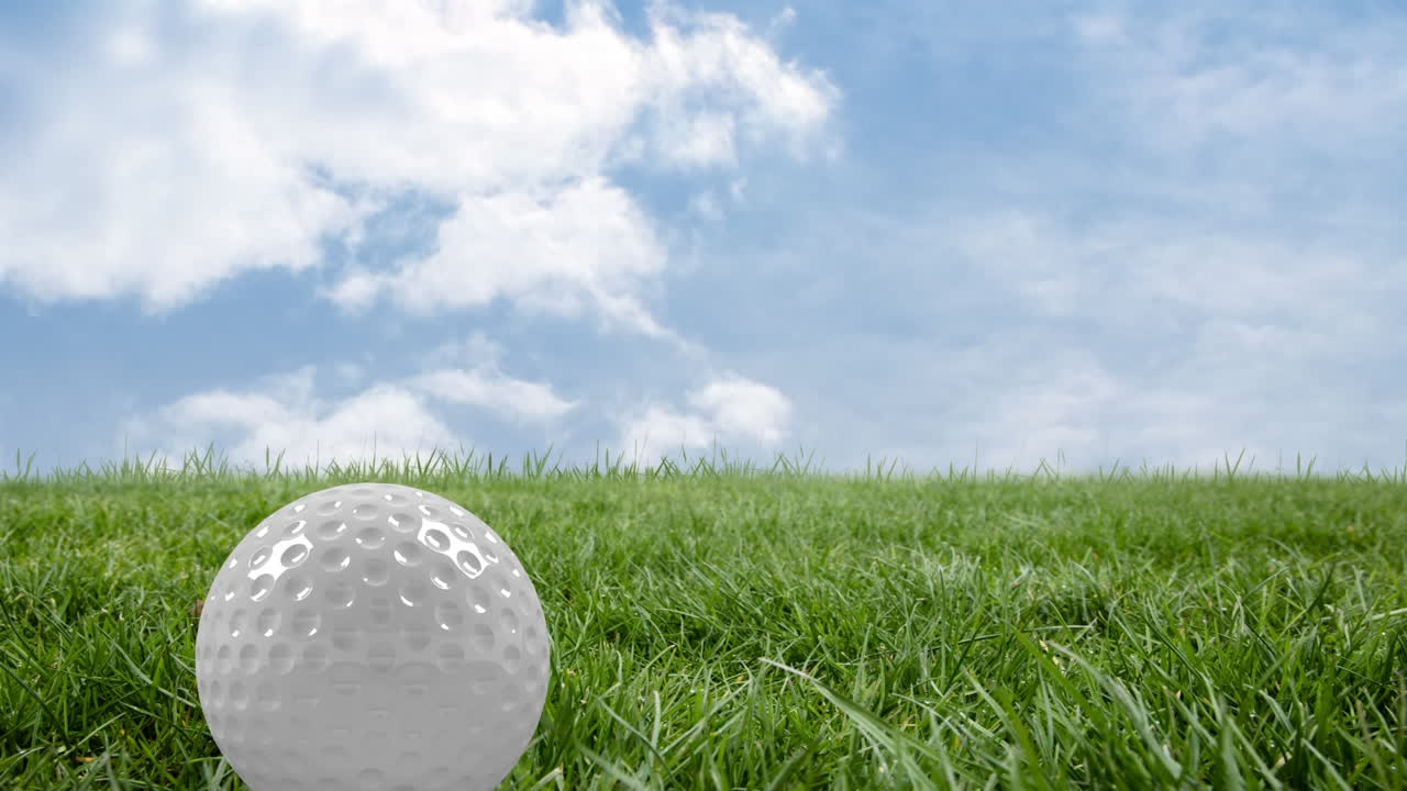 구름진 하늘 위의 잔디 위에 있는 골프 공의 애니메이션