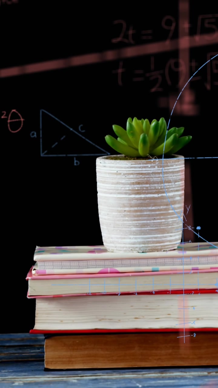 Animazione di equazioni matematiche con una pianta su una pila di libri e un portapenne su una superficie di legno