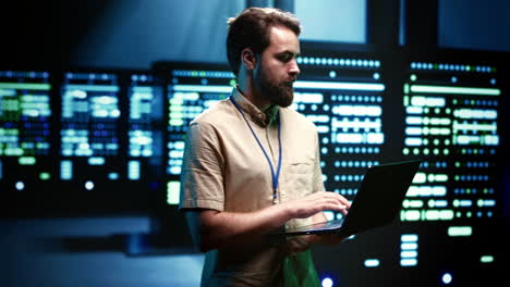 Serviceman verifying blade servers