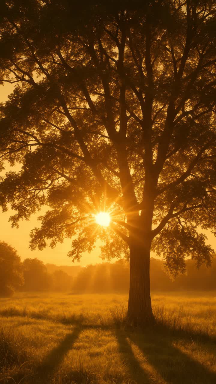 A serene landscape video with a low-angle view of a tree at sunrise, casting long shadows