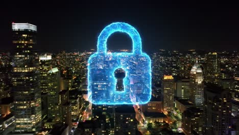 a glowing digital lock symbolizing cybersecurity and data protection illuminates the cityscape at night, signifying the importance of security in the modern world