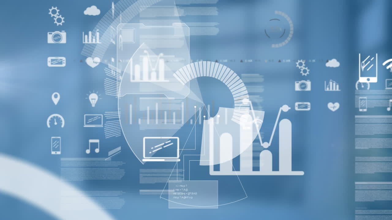 animación de un escáner redondo que gira sobre pantallas con procesamiento de datos contra un fondo azul