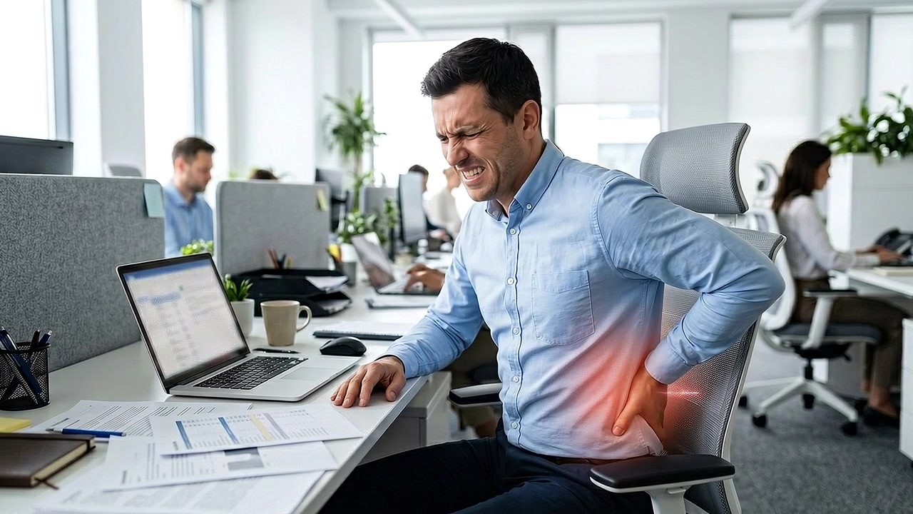 Office employee holding painful abdomen while seated beside laptop at desk