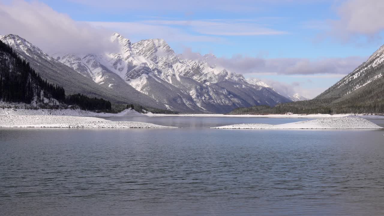 Panning shot of a lake in the winter deep in the canadian rockies. Kananaskis..