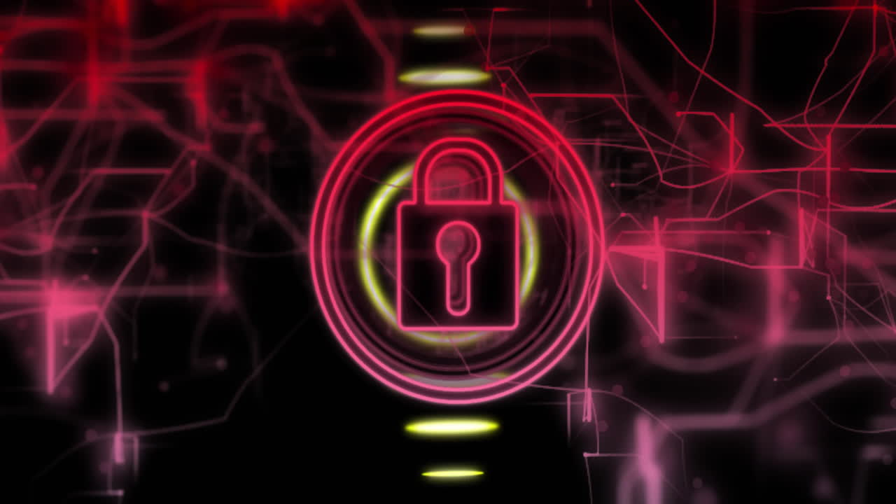 icono de cerradura y líneas de neón, animación de seguridad de datos