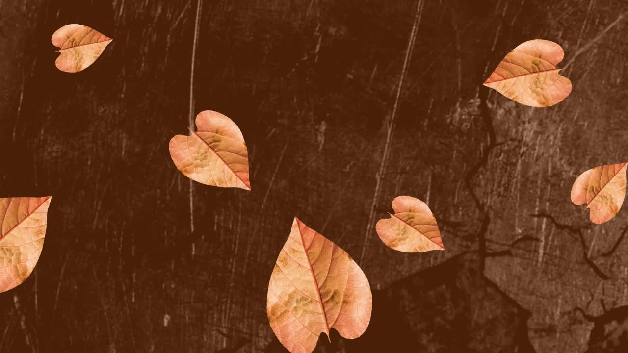 비, 번개, 나무 실루 ⁇ 을 가로질러 날아다니는 갈색 가을 잎의 애니메이션